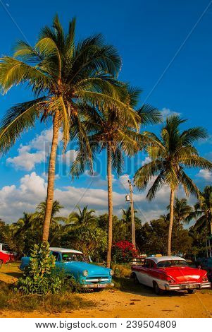 Trinidad, Cuba. Old Retro Car And Serve As Taxis. The Cars Are Parked And The Green Palm Trees