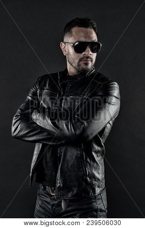 Man With Beard Has Stylish Look. Musuclar Athlete In Trendy Clothes. Brutal Macho In Leather Jacket.