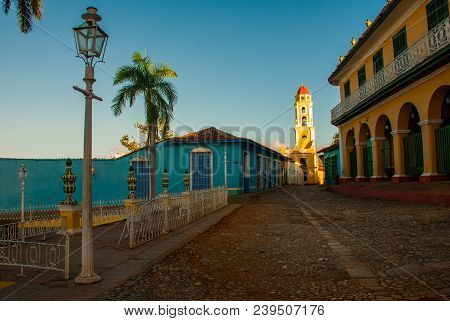 Trinidad, Cuba. The Bell Tower Of San Francisco De Asis. Street In The Center Of The Cuban City.