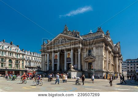 Brussels, Belgium - May 5, 2018 : People Walking On The Pedestrian Zone Near The Brussels Stock Exch