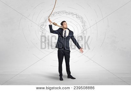 Burnout young elegant businessman trying to suicide with doodle concept