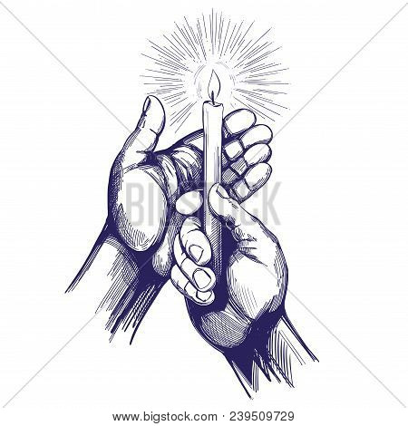 Hand Holds Burning Candle Shines In The Dark Hand Drawn Vector Illustration Realistic Sketch.