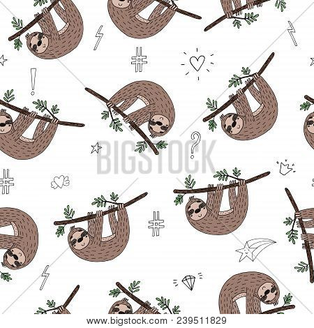 Seamless Pattern With Cute Doodle Sloth Print.