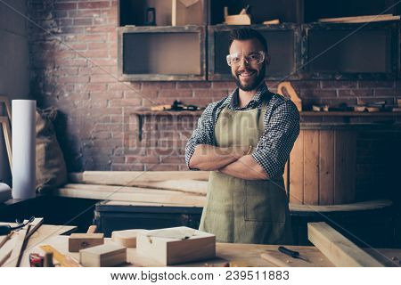 Satisfied Cheerful Joyful Smiling With Stylish Hairdo Bearded Wearing Apron Woodmaster Is Standing N