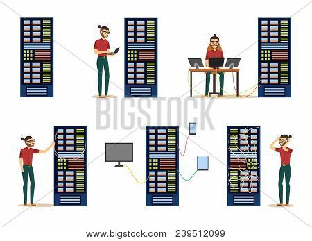 Various Server Room Images With Data Center And Young System Administrator Configuring Computer Netw