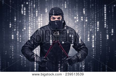 Burglar in action with encoded concept and his tools in his hand. 