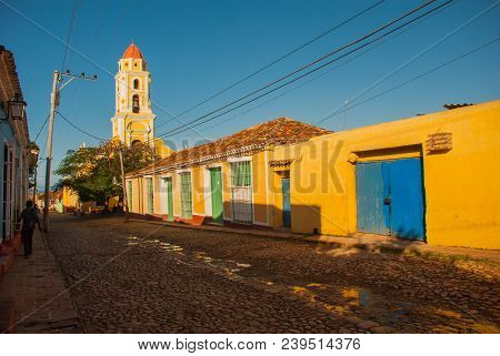 Trinidad, Cuba. The Bell Tower Of San Francisco De Asis. Street In The Center Of The Cuban City.