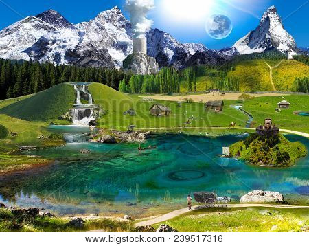 Panorama Of An Imaginary Fairytale Countryside On A Sunny Morning.