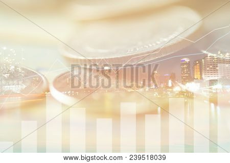 Finance, Profit, Capital Banking And Investment Concept, Double Exporsure Stacked Of Coins And Night