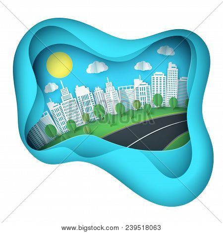 Paper Art Background With City View. Fluffy Paper Clouds, Road, Green Lawn With Trees, Scyscrapers. 