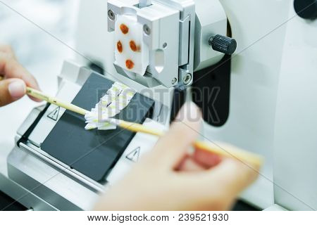 Rotary Microtome Section For Diagnosis In Pathology Make Microscope Slide Histology. Human Tissue Eq