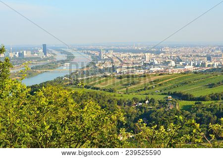 Austria. View Of Vienna And The Danube River From Mount Leopoldsberg In A Sunny Summer Evening