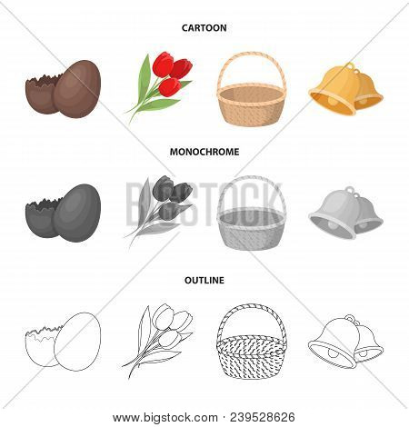 Chocolate Egg, Bells, Basket And Flowers.easter Set Collection Icons In Cartoon, Outline, Monochrome