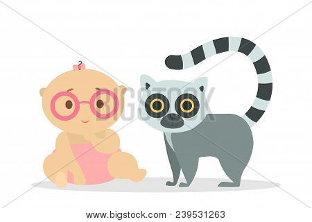 Cute Babies Playing With Animals On White Background.