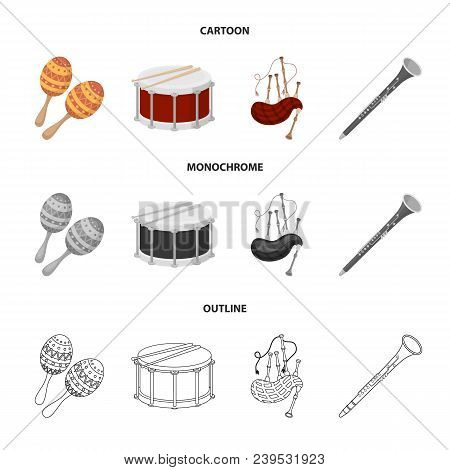 Maracas, Drum, Scottish Bagpipes, Clarinet. Musical Instruments Set Collection Icons In Cartoon, Out