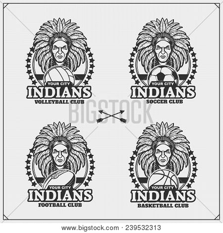 Volleyball, Baseball, Soccer And Football Badges And Labels. Sport Club Emblems With Indian Chief. V