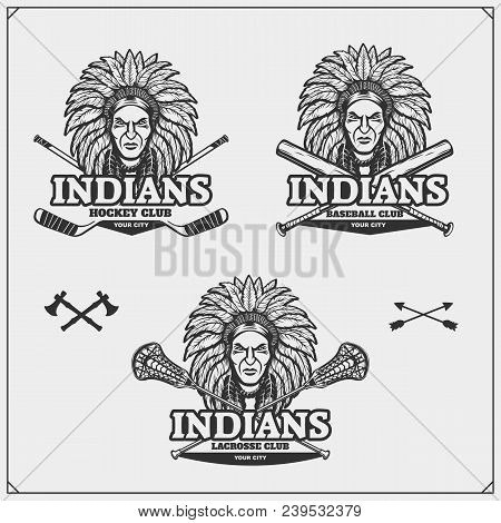 Lacrosse, Baseball And Hockey Badges And Labels. Sport Club Emblems With Indian Chief. Vector.