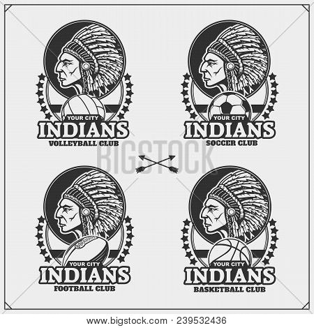 Volleyball, Baseball, Soccer And Football Badges And Labels. Sport Club Emblems With Indian Chief. V