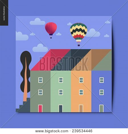 Simple Things - Townhouses With A Tall Tree Next To Them, And Hot Air Balloons Above Them In The Sky