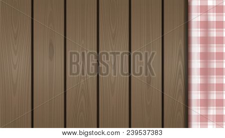 Wooden Table Of Boards With Red Picnic Tablecloth. Top View Of A Wooden Table. Checkered Tablecloth 