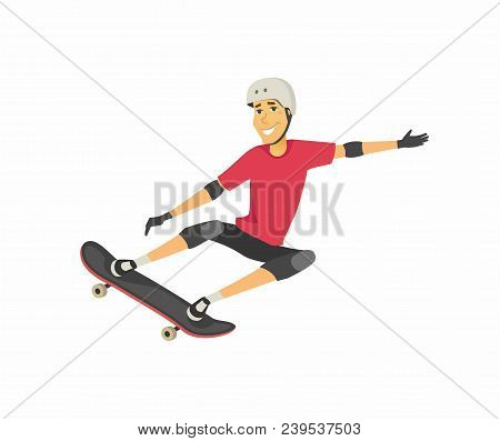 Boy On Skateboard - Cartoon People Character Isolated Illustration On White Background. A Happy Smil
