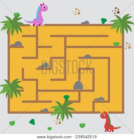 Maze Children Game: Help The Dino Go Through The Labyrinth. Kids Activity Sheet