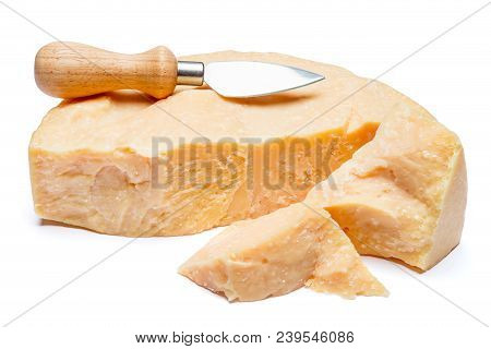 Pieces Of Parmesan Or Parmigiano Hard Cheese Isolated On White Background