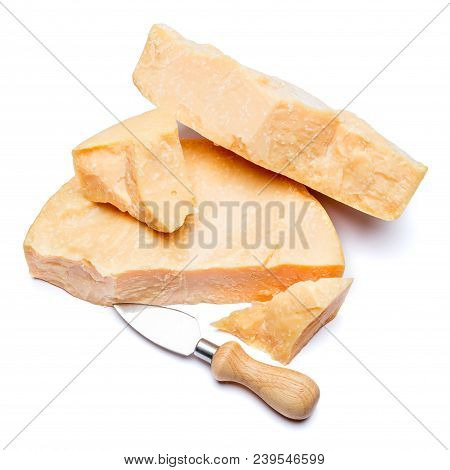 Pieces Of Parmesan Or Parmigiano Hard Cheese Isolated On White Background