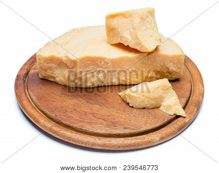 Pieces Of Parmesan Or Parmigiano Hard Cheese Isolated On White Background