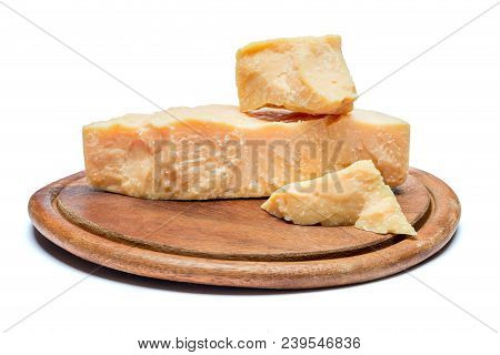 Pieces Of Parmesan Or Parmigiano Hard Cheese Isolated On White Background