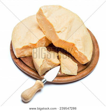 Pieces Of Parmesan Or Parmigiano Hard Cheese Isolated On White Background