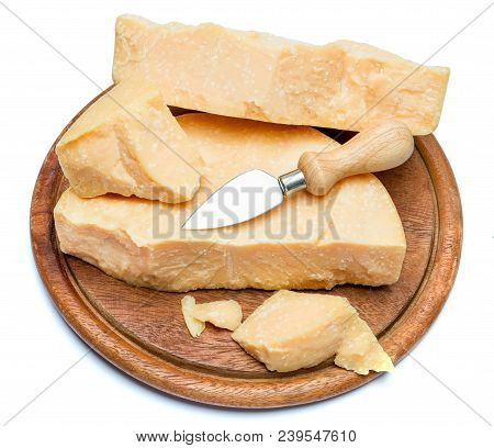 Pieces Of Parmesan Or Parmigiano Hard Cheese Isolated On White Background