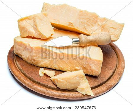 Pieces Of Parmesan Or Parmigiano Hard Cheese Isolated On White Background