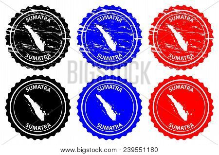 Sumatra - Rubber Stamp - Vector, Sumatra Map Pattern - Sticker - Black, Blue And Red