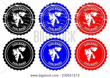 Svalbard - Rubber Stamp - Vector, Spitsbergen Map Pattern - Sticker - Black, Blue And Red