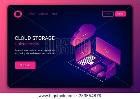 Cloud Storage 3d Isometric Technology Concept. Laptop, Noutbook, Folder With Documents, Tablet And S