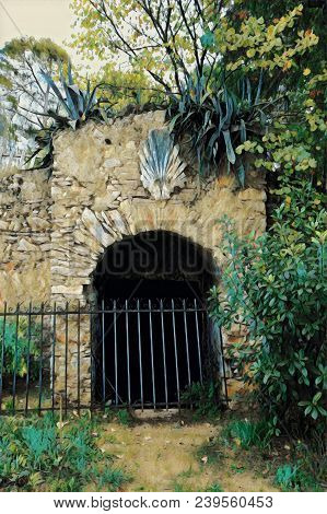 Stone Gate Of Abandoned Underground Cellar And Overgrown Plants. Digital Painting Photo Illustration