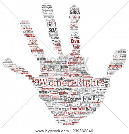 Conceptual women rights, equality, free-will hand print stamp word cloud isolated background. Collage of feminism, empowerment, integrity, opportunities, awareness, courage, education, respect concept
