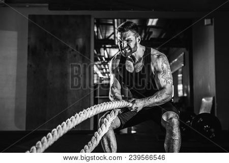 Muscular Powerful Aggressive Man Training With Rope In Functional Training Fitness Gym