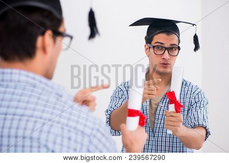 Young student planning graduation speech in front of mirror