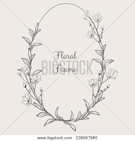 Black Hand Drawn Floristic Frame Border With Delicate Flowers, Branches, Plants With Geometric Shape