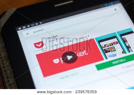 Ryazan, Russia - May 02, 2018: Pocket Icon In The List Of Mobile Apps On The Display Of Tablet Pc