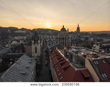 Beauty Panoramic View On Sunrise Over Old European City