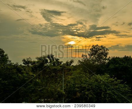 Sunset Over A Green Forest And Trees