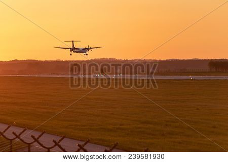 Gdansk, Poland - May 5, 2018: Passenger Plane Approaching At Lech Walesa Airport In Gdansk At Sunset