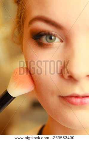 Visage Concept. Close Up Woman Getting Make Up On Cheeks. Applying Blush With Brush, Half Face