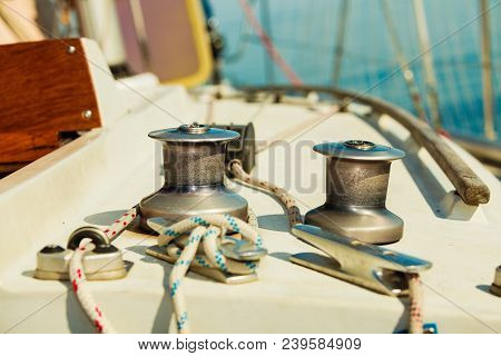 Yacht Capstan With Rope On Sailing Boat During Cruise, Marine Objects Concept.