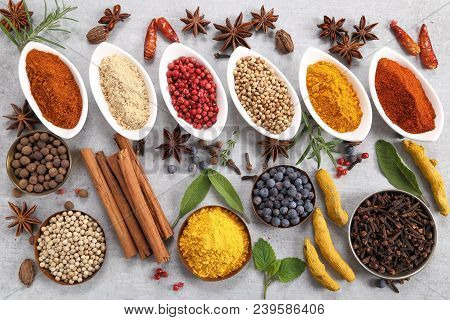 Colorful And Aromatic Spices And Herbs. Food Additives.