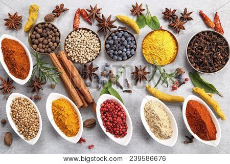 Colorful And Aromatic Spices And Herbs. Food Additives.