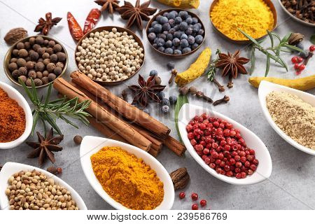 Colorful And Aromatic Spices And Herbs. Food Additives